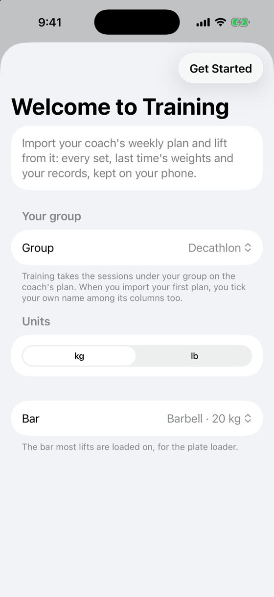 The welcome screen: group, units and bar