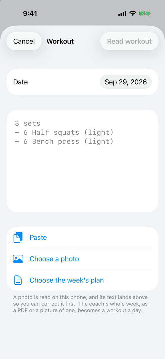The import screen with Choose the week's plan