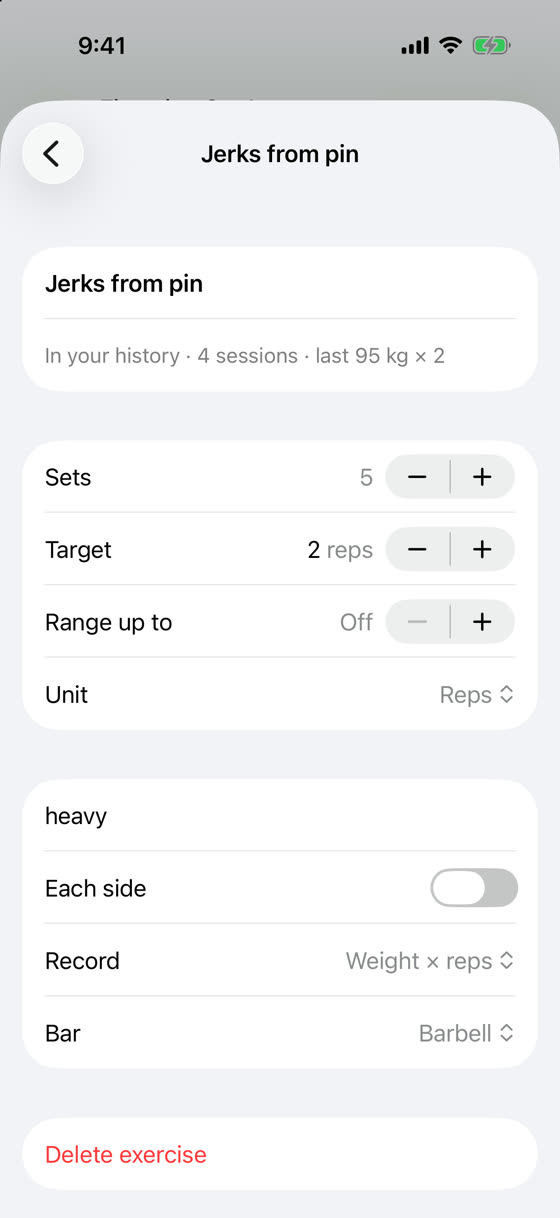 Editing an exercise: sets, target, note and bar